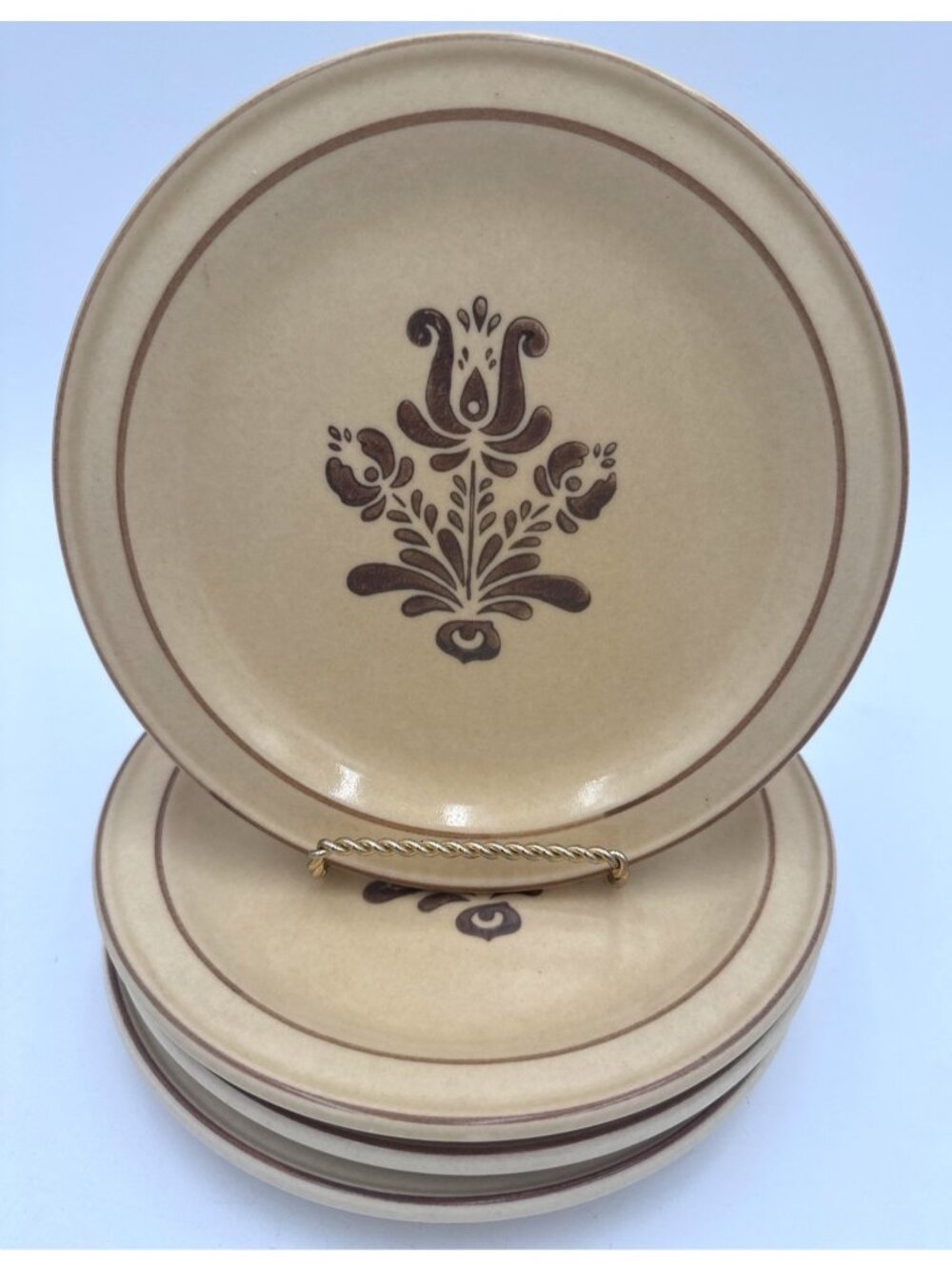 Set 4 Pfaltzgraff Brown Folk Art Pattern Dessert Plates Beige 7" Stoneware Vtg